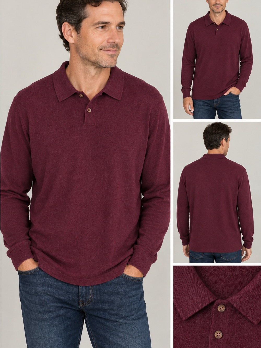 Eddie Bauer Men's Long-Sleeve Polo - Merino wool Cotton Blend Maroon XLT